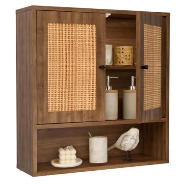 Imagem de Armário de parede, armário de vime boho chique armário de remédios para banheiro, armazenamento sobre o vaso sanitário, suporte de parede com porta dupla para cozinha, sala de jantar, sala de estar