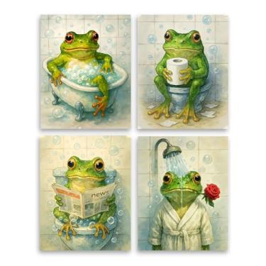 Imagem de Frimeeme Arte de parede de sapo, arte de parede de animal engraçado, pôster de decoração de banheiro sapo para banheiro banheiro decoração de banheiro - 4 peças (20 x 25 cm, sem moldura