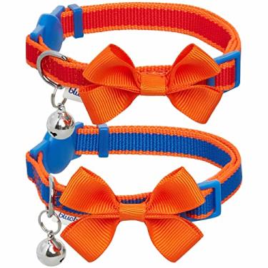 Imagem de Blueberry Pet Pacote com 2 coleiras para gatos, coleira clássica sólida ajustável para gatos com sino e gravata borboleta, azul náutico e laranja, pescoço 23 a 33 cm