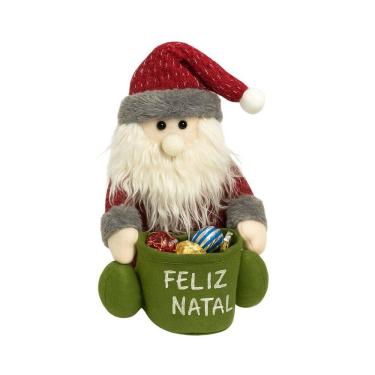 Imagem de Papai Noel Sentado Decorativo Natal Pelúcia Saco Feliz Natal Vinho e Verde 20cm