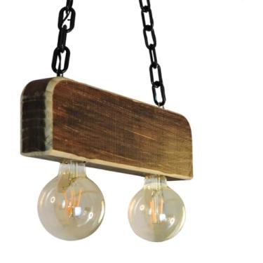 Imagem de Luminária Pendente Caibro Mini 2 Bocais em Madeira Pinus – Design Rústico (Betume Escuro)