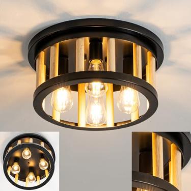 Imagem de Luminária de teto industrial de 4 luzes de madeira preta semi embutida perto de luminárias de teto, design de gaiola, iluminação de teto de casa de fazenda para cozinha, quarto, banheiro, hall de