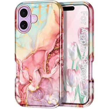Imagem de Btscase Capa compatível com iPhone 17 de 6,3 polegadas 2025, padrão de mármore, 3 em 1, resistente, à prova de choque, de corpo inteiro, resistente, PC rígido + silicone macio para mulheres e meninas