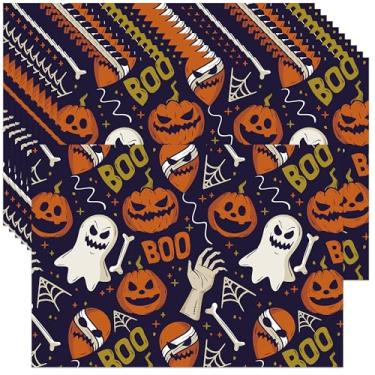 Imagem de Lucleag 50 peças de tapetes descartáveis de papel de Halloween, tema assustador de abóbora, fantasma, boo, tapetes de mesa decorativos para decoração de mesas de jantar, 35 x 25 cm