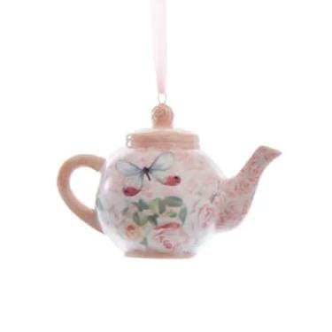 Imagem de Bule de chá floral enfeite de Natal mini boho chique rosa porcelana borboleta jarro de chá decoração de árvore de férias