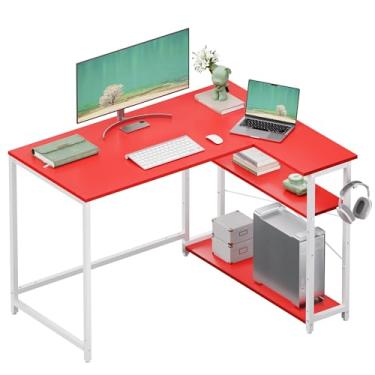 Imagem de Pamray Mesa de computador em forma de L de 109 cm com prateleiras laterais reversíveis, mesa de canto pequena para escritório em casa com espaço pequeno, mesa de estudo, mesa de computador para quarto