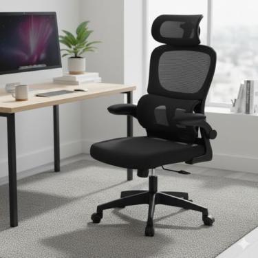 Imagem de Cadeira de Escritório Ergonômica Preta Giratória com Suporte Lombar, Apoio de Cabeça, Malha Respirável, Reclinável e Altura Ajustável, Braços Dobráveis, Confortável para Home Office