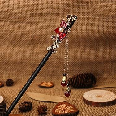 Imagem de Gancho de cabelo de madeira vintage, estilo chinês, flor enrolada, gancho de cabelo com borla, grampo de cabelo clássico para senhora