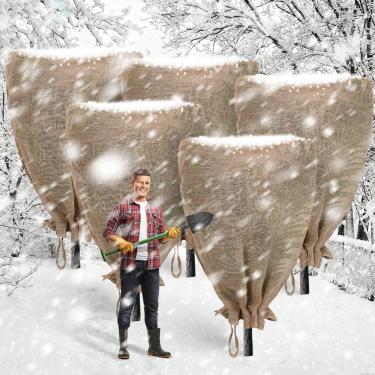 Imagem de Wowangce 5 peças de 84 x 72 polegadas grande estopa para plantas saco com cordão capas de plantas de inverno reutilizáveis sacos de proteção contra congelamento cobertores para jardim ao ar livre