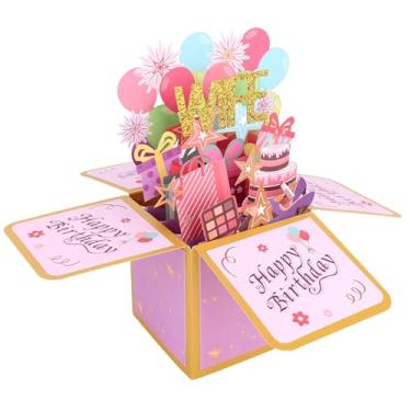 Imagem de Cartão Pop-Up de Aniversário para Esposa, Balões Coloridos e Fogos de Artifício Cartão Felicitações 3D Engraçado com Envelope Ideia Criativa Presente Aniversário Marido para Esposa