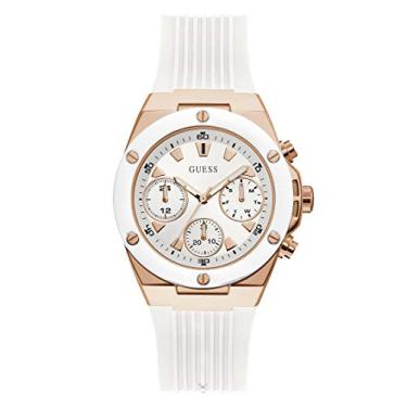 Imagem de GUESS Relógio feminino esportivo transparente multifuncional de 39 mm, Branco/branco/tom de ouro rosa, Athena
