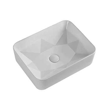 Imagem de Pias de banheiro pia de vaso de banheiro, tigela de pia de cerâmica branca artística geométrica, pia de vaso retangular de bancada, pia acima do balcão, pia de vaso de 45 x 35 x 14 cm (cor: 1 pia)