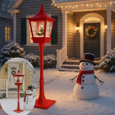 Imagem de Poste Natalino Decorativo 1,85m com Neve Artificial, Luz LED, Música, Criança e Trenzinho Giratório – Bivolt, Vermelho