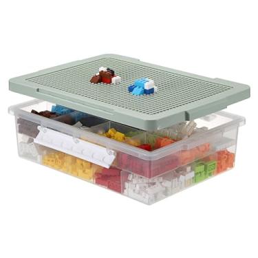 Imagem de OGANAZI Caixa de armazenamento de tijolos de blocos de construção com bandeja de classificação e tampa de placa de construção (verde)