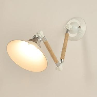Imagem de Luminária de parede com braço oscilante moderno de corda de cânhamo, luminária de cabeceira ajustável, luz de leitura, arandela de parede de ferro industrial branca moderna, luminária dobráv