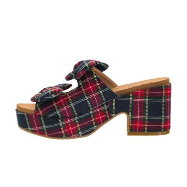 Imagem de Corkys Footwear Sandália feminina de salto "Put A Bow On It" – com salto de 8 cm e plataforma de 2,5 cm, salto grosso, palmilha de EVA e cabedal elegante com laços, Xadrez azul-marinho, 37