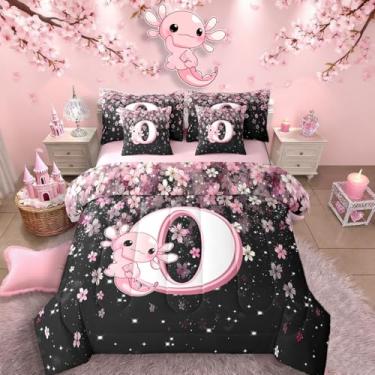 Imagem de Erosebridal Jogo de cama solteiro fofo Axolotl 7 peças para crianças, meninas e adolescentes, conjunto de edredom com letra O com lençol de cima com lençol de cima (rosa e branco)