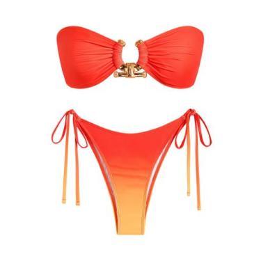 Imagem de Biquíni feminino ZAFUL Bandeau de metal brilhante amarrado na lateral