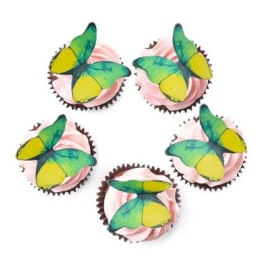 Imagem de 48 peças de papel wafer comestível borboleta cupcake decoração de bolo para casamento aniversário chá de bebê suprimentos de festa decoração de alimentos (amarelo verde)