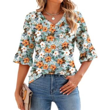 Imagem de Blusa túnica feminina LOMON, floral, manga 3/4, decote em V, verão