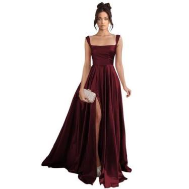 Imagem de Vestido de baile Stylefun cor de vinho com gola quadrada de cetim com 