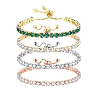 Imagem de QLYOVWE 4 peças de pulseira de tênis ajustável de luxo para mulheres, banhado a ouro 14 K, zircônia cúbica, moda, casamento, Natal, presente, Medium, Metal, Zircônia cúbica