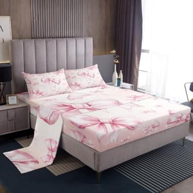 Imagem de Erosebridal Jogo de cama solteiro kawaii com laço rosa com laço kawaii, para decoração de quarto de crianças, adolescentes e mulheres, com laço de glitter, 1 lençol com elástico, 1 lençol de cima e 1