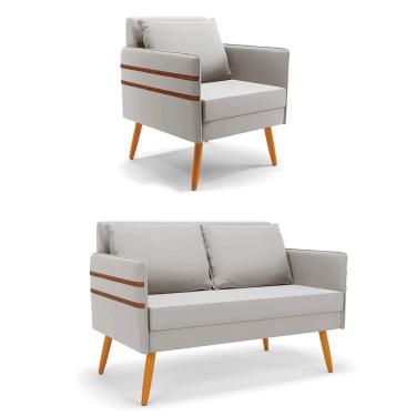 Imagem de Kit 01 Namoradeira 02 Lugares e 01 Poltrona Mari Veludo Cinza Pés Palito Castanho - D'Rossi