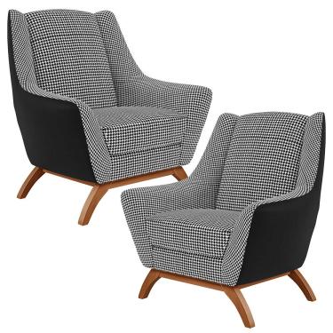 Imagem de Kit 02 Poltronas Decorativas Base Em Madeira Juliet D02 Corano Preto C-05 Pied Poule - Lyam Decor