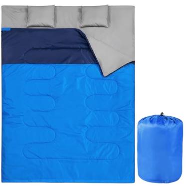 Imagem de Sacos de dormir duplos de acampamento para adultos e crianças, impermeável, saco de dormir para duas pessoas com travesseiro para clima frio ou quente, mochila, caminhadas, montanhismo, uso interno e