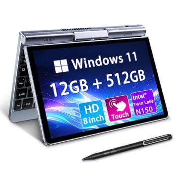 Imagem de Mini laptop 20.3 cm 2 em 1, laptop Windows 11, Intel N150 (até 3,6 GHz), 12 GB RAM 512 GB SSD, tela sensível ao toque HD, teclado retroiluminado, Wi-Fi 6, USB-C, PC portátil leve para trabalho