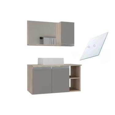 Imagem de Conjunto Gabinete Banheiro Virtus 80cm TAMPO VIDRO (gabinete + cuba + espelheira+ tampo vidro)(Madeirado/Cinza)