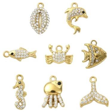 Imagem de Echoed Elegance 8 peças de pingentes de aço inoxidável 304 com tema oceano, com zircônia cúbica, revestimento de íons dourados para fazer pulseiras e colares, gota de água e texturas de concha