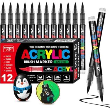 Imagem de Surcotto 12 canetas de tinta acrílica preta, marcadores de tinta acrílica com ponta de pincel macio, marcadores de acrílico à prova d'água de secagem rápida para tela, pintura rupestre, madeira, pedra