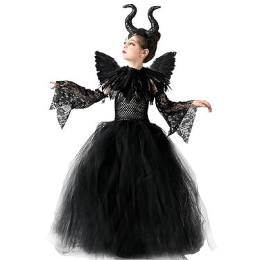 Imagem de MAXHJX Fantasia De Malévola Halloween Para Meninas: Rainha Má, Bruxa Diabólica, Feita À Mão, Tule Malha, Cosplay, Preta (Preto, G)