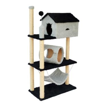Imagem de Arranhador Casinha para Gatos 3 Andares Túnel e Rede Brinquedo Torre Poste Sisal Cama (Sem Brinde,Cinza)
