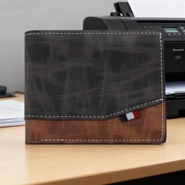 Imagem de Carteira masculina de grande capacidade, porta-cartões de visita retrô de poliuretano dobrável com 5 compartimentos, janela para cartão de identificação, bolso com botão, Preto, small, Casual