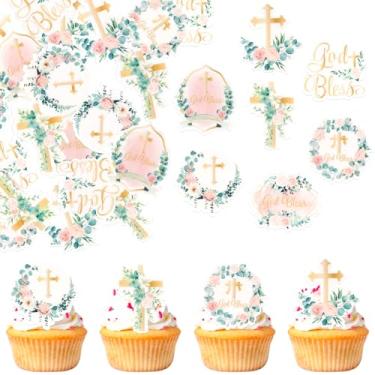 Imagem de 60 Pack Edible God Bless Religious Cupcake Toppers Cross Faith Cake Toppers Rice Paper Wafer Paper Cupcake Picks for First Holy Communion Baptism Baby Shower Kids Birthday Cake Decorations Pink