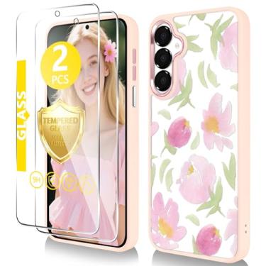 Imagem de Capa para Samsung Galaxy A15 5G com protetor de tela de vidro temperado [proteção de alta qualidade] Capa transparente de TPU fino e policarbonato rígido, design elegante e fofo com estampa floral