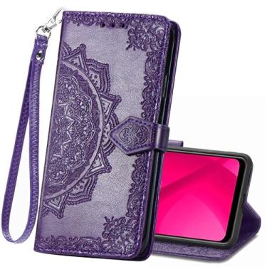 Imagem de Capa carteira para T-Mobile REVVL 8 Pro 5G, capa flip de couro PU em relevo mandala flores alça de pulso Folio slots para cartão suporte magnético capa protetora para telefone para mulheres homens