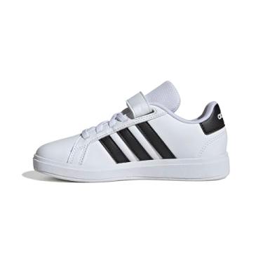 Imagem de adidas Tênis infantil Grand Court 2.0 com cadarço elástico e tira superior, Branco/Preto/Branco, 16
