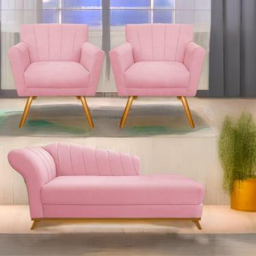 Imagem de Kit Diva Recamier Vanessa 160Cm Lado Direito E 02 Poltronas Laura Suede Cor Rosabebê