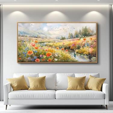 Imagem de QIYILEXWART Arte de parede em tela para sala de estar, decoração de parede para quarto, escritório, decoração de parede, colorido, flores silvestres, paisagem, quadros, obras de arte, sala de arte