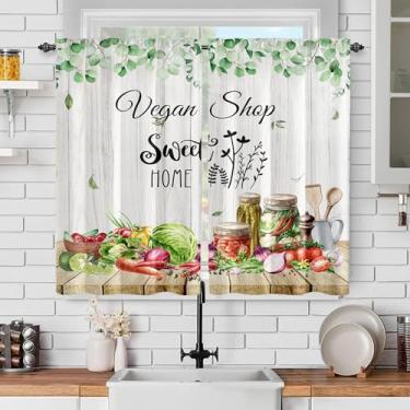 Imagem de Cortinas de cozinha rústicas folhas de primavera rústicas tábua de madeira vegetal impressão aquarela citação engraçada bolso varão cortinas de janela curta estilo vintage estilo country para quarto e