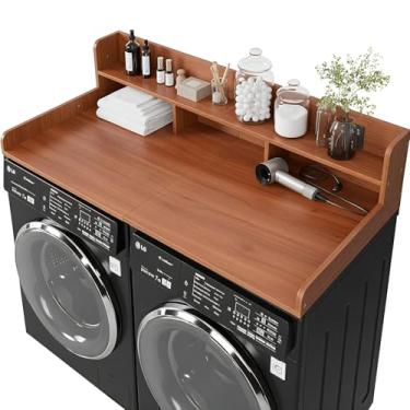 Imagem de HMAZAE Bancada de lavadora e secadora com prateleira, bancada de lavanderia de 2 andares, sobre lavadora e secadora, mesa de madeira de 137 x 70 cm para roupas dobráveis para organização e