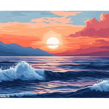 Imagem de Pintura oceânica por número para adultos, cenário do nascer do sol, pintura de impressão em tela a óleo, pintura por número, pôster de tintas acrílicas de grafite ondulado, decoração de parede para