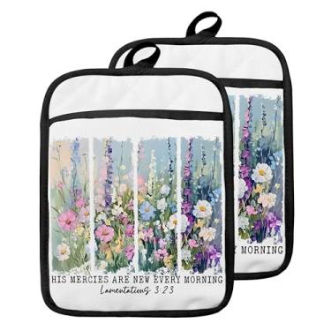 Imagem de GOOZHO Suportes de panela cristãos com bolsos, His Mercies are New Every Morning Versículo da Bíblia Suportes florais para forno, luvas de forno resistentes ao calor, almofadas quentes para cozinha