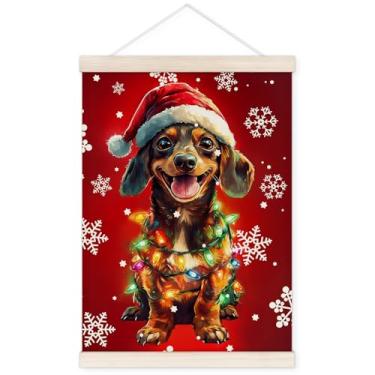 Imagem de TWRVI Cabide de pôster engraçado de dachshund de Natal com moldura de madeira, decoração de parede de cachorro Weiner de Natal para casa, presentes de dachshund para mulheres e homens, pôsteres de