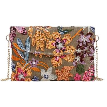 Imagem de Bolsa feminina de ombro bordada de lantejoulas com corrente floral para o verão, bolsa tiracolo para noite, Laranja, 14.37 x 0.39 x 6.69 inches, Bolsas transversais