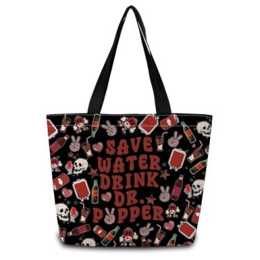 Imagem de ZhuVantrix Bolsa de ombro Save Water Drink Dr.Pep fofa estética para compras com bolso interno com zíper, leve e lavável, elegante, preta, economize água, bebida, presente DP para mulheres amantes de